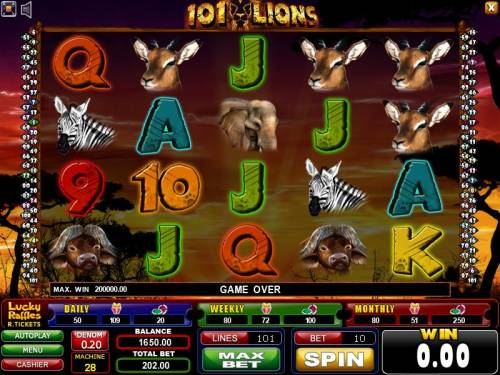 101 Lions Big Bonus Slots main game board featuring five reels and 101 paylines