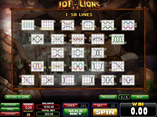 101 Lions Big Bonus Slots 1-50 payline diagrams
