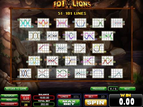 101 Lions Big Bonus Slots 51-101 payline diagrams