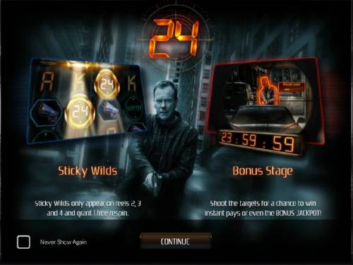 24 Big Bonus Slots This video slot game features Sticky Wilds on reels 2, 3 and 4 and grant 1 free re-spin. A Bonus Stage where you shoot the targets for a chance to win instant pays or even the bonus jackpot