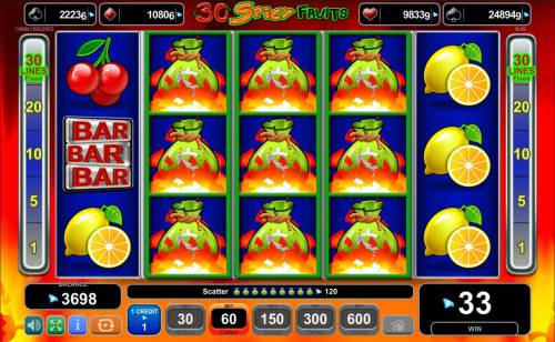 30 Spicy Fruits Big Bonus Slots Game pays from left, center and right