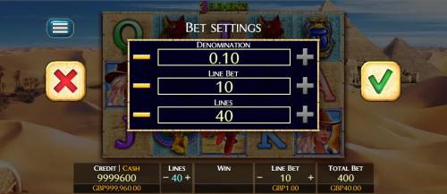 3 Elements Big Bonus Slots Click the Bet Steetings to adjust the denomination, line bet and/or lines.