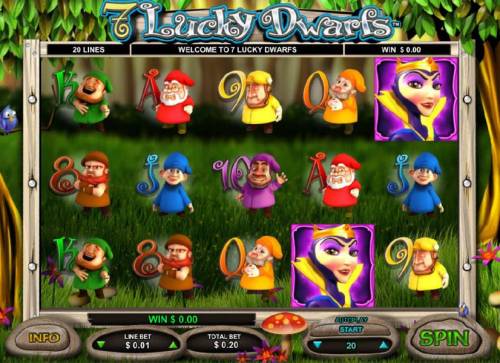 7 Lucky Dwarfs Big Bonus Slots main game board featuring five reels and twenty paylines
