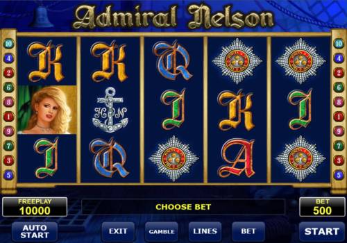 Admiral Nelson Big Bonus Slots Main game board featuring five reels and 10 paylines with a $250,000 max payout.