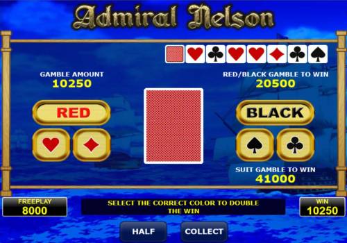 Admiral Nelson Big Bonus Slots Gamble Feature - To gamble any win press Gamble then select Red or Black or suit