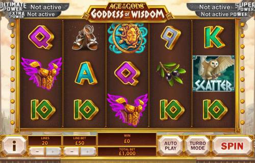 Age of the Gods Goddess of Wisdom Big Bonus Slots Main game board featuring five reels and 20 paylines with a progressive jackpot max payout