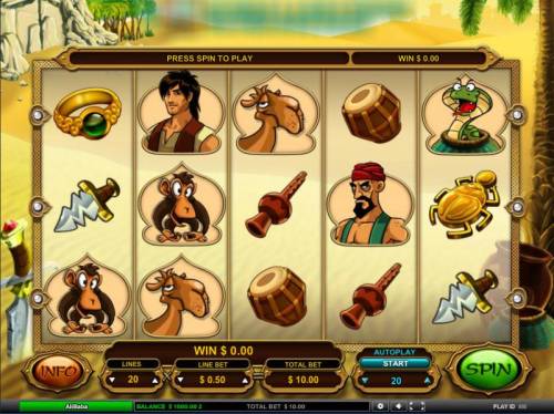 Ali Baba Big Bonus Slots main game board featuring five reels and twenty paylines