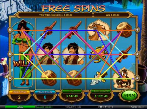 Ali Baba Big Bonus Slots multiple winning paylines triggers a 603 coin big win during free spins bonus feature.