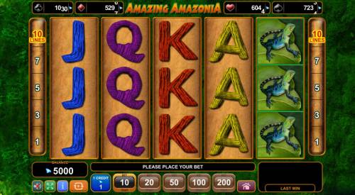 Amazing Amazonia Big Bonus Slots Main game board featuring five reels and 10 paylines with a $200,000 max payout.
