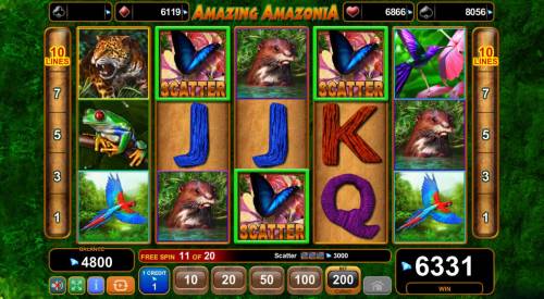 Amazing Amazonia Big Bonus Slots Free Games can be re-triggered if you land 3 or more scatters during the free games