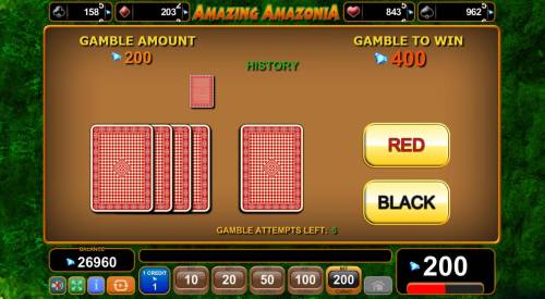Amazing Amazonia Big Bonus Slots Gamble Feature - To gamble any win press Gamble then select Red or Black.