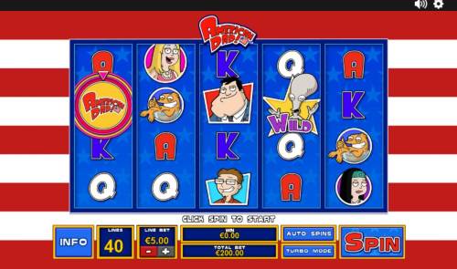 American Dad Big Bonus Slots Main game board featuring five reels and 40 paylines with a $3,750 max payout.