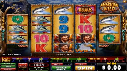 American Wild Big Bonus Slots Main game board featuring five reels and 1125 paylines with a $75 max payout