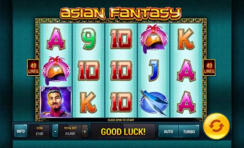 Asian Fantasy Big Bonus Slots Main game board featuring five reels and 40 paylines with a $30,000 max payout.