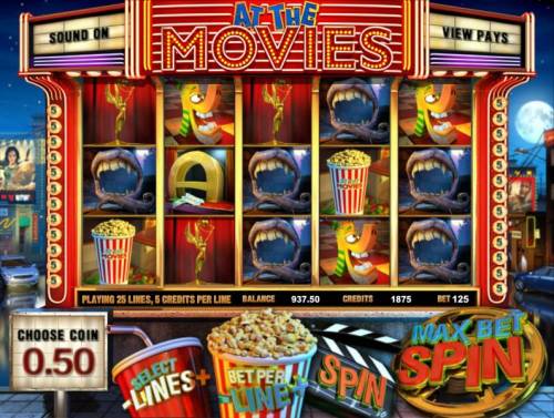 At The Movies Big Bonus Slots main game board featuring five rules and thirty paylines