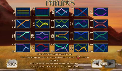 Bai Shi Big Bonus Slots Payline Diagrams 1-40. Only highest win pays per line. Wincombinations pay left to right only except scatter which pays any.