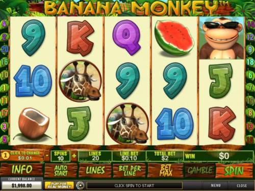 Banana Monkey Big Bonus Slots Main game board featuring five reels and 20 paylines with a $12,500 max payout