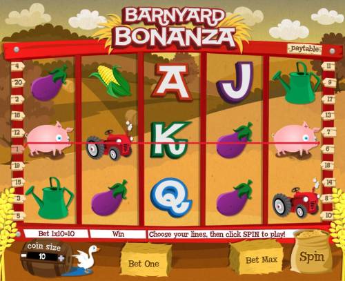 Barnyard Bonanza Big Bonus Slots An animal farm themed main game board featuring five reels and 20 paylines with a $10,000 max payout