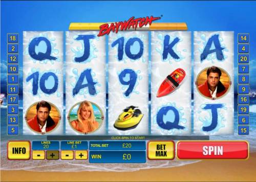 Baywatch Big Bonus Slots main game board featuring 5 reels and 20 paylines
