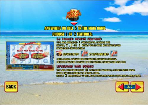 Baywatch Big Bonus Slots rescue feature anywhere on reel 5 in the main game