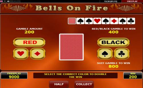 Bells on Fire Rombo Big Bonus Slots Gamble Feature - To gamble any win press Gamble then select Red or Black or Suit