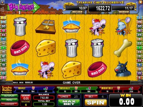 Big Chase Big Bonus Slots main game board featuring five reels and twenty-five paylines