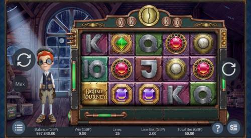Big Time Journey Big Bonus Slots Main game board featuring five reels and 25 paylines with a $6,000 max payout