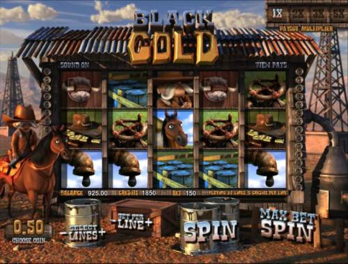 Black Gold Big Bonus Slots main game board featuring five reels and thirty paylines