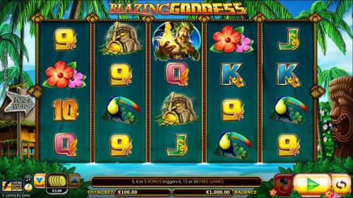 Blazing Goddess Big Bonus Slots Main game board featuring five reels and 1024 winning combinations with a $4,000 max payout