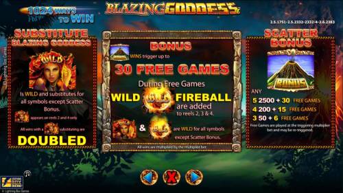 Blazing Goddess Big Bonus Slots Scatter, Wild, Bonus and slot game symbols paytable.