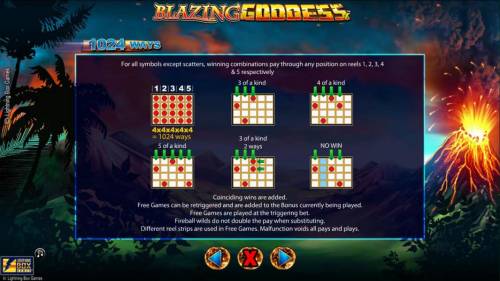 Blazing Goddess Big Bonus Slots 1024 Ways - For all symbols except scatter symbols, winning combinations pay through any position on reels 1, 2, 3, 4 and 5 respectively.