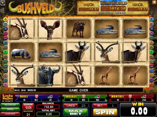 Bushveld Big Bonus Slots main game board featuring five reels and twenty-five paylines