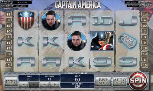 Captain America The First Avenger Big Bonus Slots main game board featuring five reels, twenty paylines and four progressive jackpots