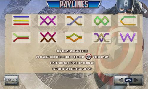 Captain America The First Avenger Big Bonus Slots payline diagrams