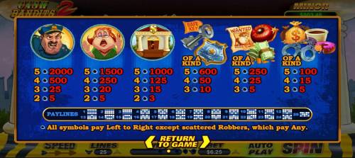 Cash Bandits 2 Big Bonus Slots Slot game symbols paytable and Payline Diagrams 1-25