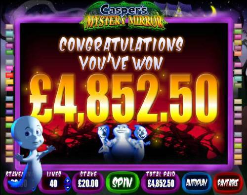 Casper's Mystery Mirror Big Bonus Slots a $4,852 big win paid out during the free spins feature