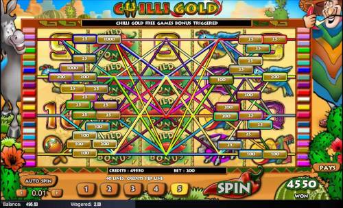 Chilli Gold Big Bonus Slots Free games bonus triggered and 4550 credits awarded with multiple winning lines