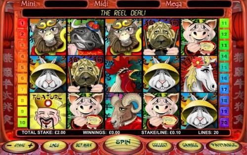 Chinese New Year Big Bonus Slots main game board featuring five reels and twenty paylines
