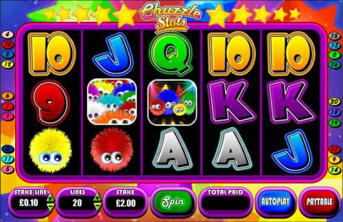 Chuzzle Slots Big Bonus Slots Main game board featuring five reels and 20 paylines with a $250,000 max payout