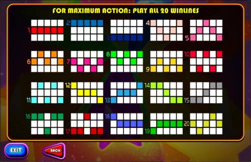 Chuzzle Slots Big Bonus Slots Payline Diagrams 1-20. For maxium action: play all 20 paylines.