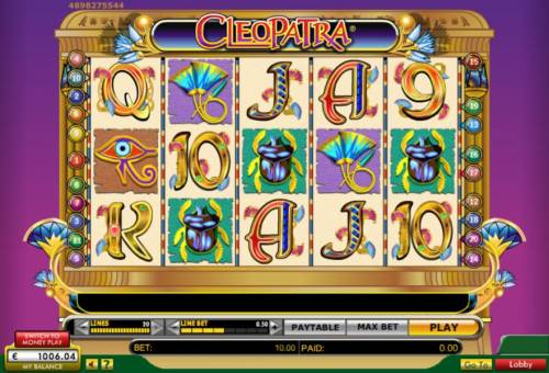 Cleopatra Big Bonus Slots Main game board featuring five reels and 20 paylines with a $100,000 max payout