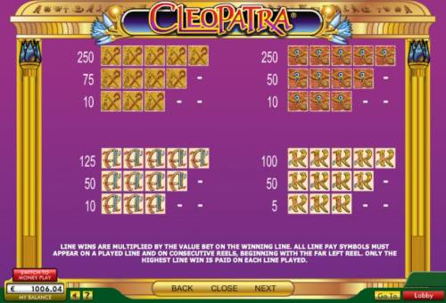 Cleopatra Big Bonus Slots Low value game symbols paytable