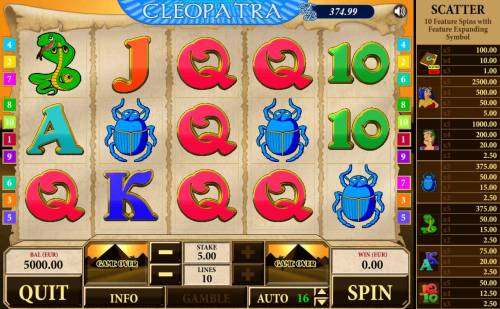 Cleopatra Big Bonus Slots Main game board featuring five reels and 10 paylines with a $2,500 max payout.