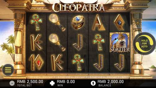 Cleopatra Big Bonus Slots Main game board featuring five reels and 50 paylines with a $250,000 max payout.