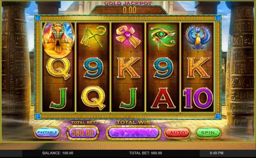Cleopatra's Gold Big Bonus Slots Main game board featuring five reels and 20 paylines with a progressive jackpot max payout