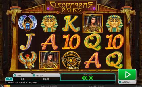 Cleopatra's Riches Big Bonus Slots An ancient Egyptian themed main game board featuring five reels and 20 paylines with a $50,000 max payout