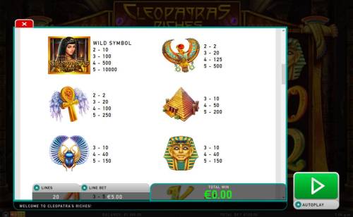 Cleopatra's Riches Big Bonus Slots High value slot game symbols paytable featuring Egyptian themed icons.