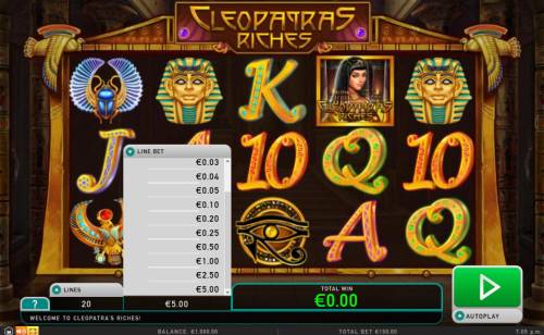 Cleopatra's Riches Big Bonus Slots Click on the total bet up arrow to select raise of lower the stake.