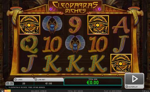 Cleopatra's Riches Big Bonus Slots Three Eye of Horus scatter symbols triggers the Free Spins Bonus feature.