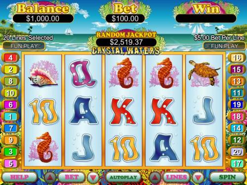 Crystal Waters Big Bonus Slots An undersea adventure themed main game board featuring five reels and 20 paylines with a $250,000 max payout